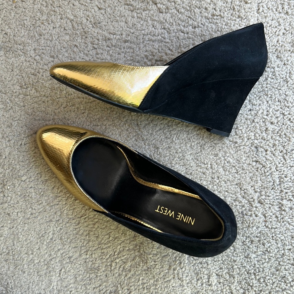 Gold and Black Nine West Wedges